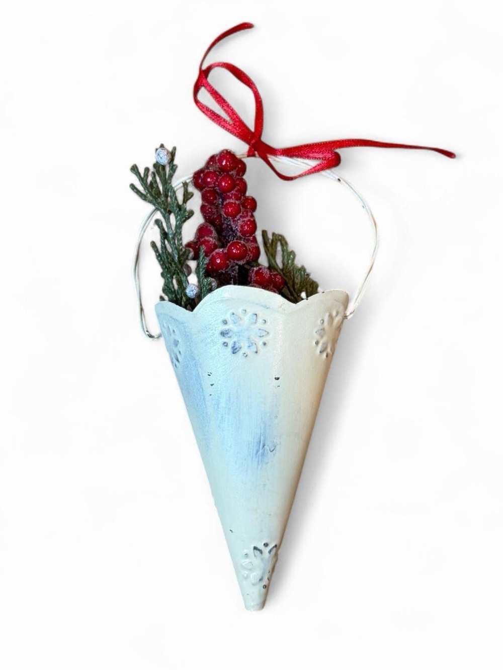 Holiday Cone Wall Pocket Ornament - White with Red Berry Greenery Accents